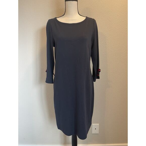 Talbots Boat Neck Bow Sleeve Knee Length Dress Navy Red Bow Medium 3/4 Sleeve - Picture 1 of 9